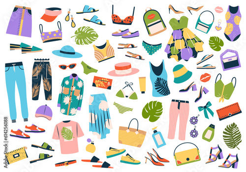 Clothing, shoes, accessories vector set for summer