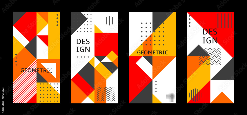 set of abstract geometric pattern poster design with touch of bright color variant composition. Useful for design of posters, presentations, backgrounds, flyers, etc.