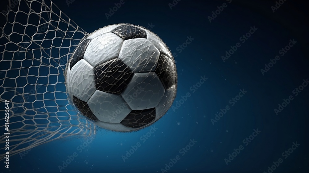 Fototapeta premium Ball in the net (goal) on the football field. Generative AI