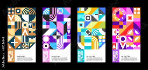 set of abstract geometric pattern poster design with touch of bright color variant composition. Useful for design of posters, presentations, backgrounds, flyers, etc.