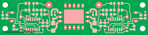 Electric background. Vector pcb pattern. 
Printed circuit board of an electronic 
device with electrical
conductors, microcontroller and contact pads placed on it.  Engineering drawing. 