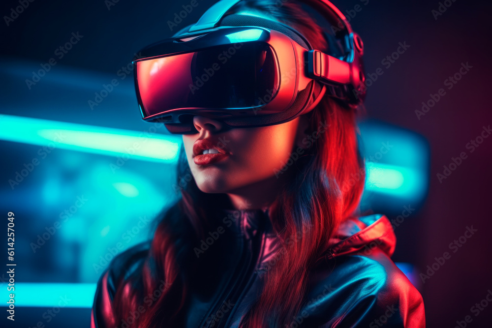 Girl wearing virtual reality goggles. Generative AI Girl wearing virtual reality goggles. Generative AI