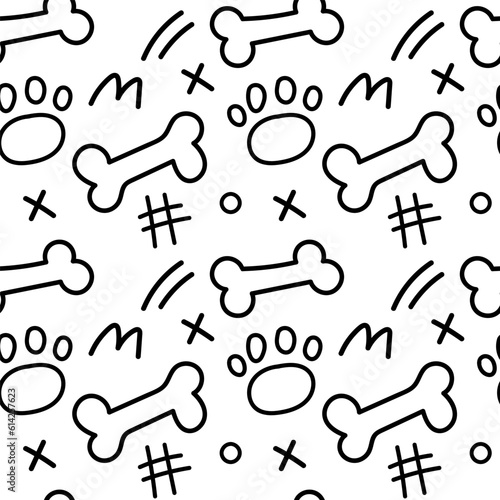 Bones, paws and decorative elements black and white seamless pattern for wallpapers, textiles, fabrics, wrapping paper