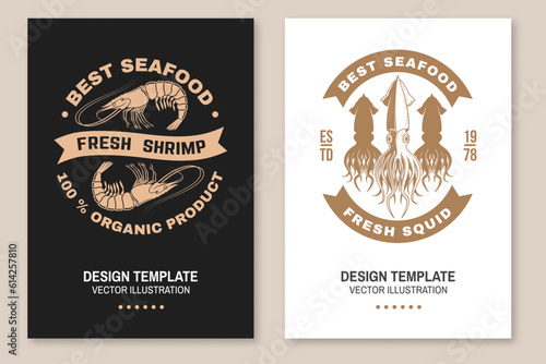 Set of fresh seafood retro poster, banner with shrimp and squid delicious. Vector illustration. For seafood emblem, sign, patch, shirt, menu restaurants, fish markets, stores with shrimp and squid