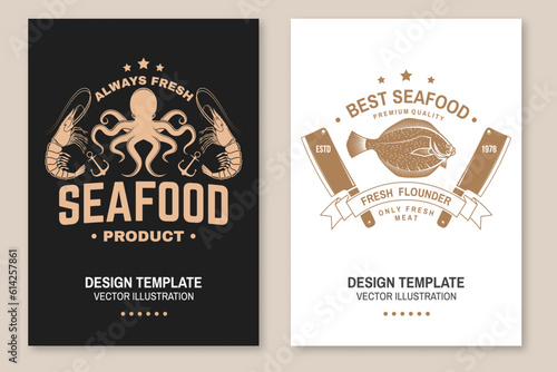 Set of fresh seafood retro poster, banner with shrimp, octopus and alaska sole or flounder. Vector. For seafood emblem, sign, menu restaurants, fish markets, stores with shrimp, octopus and alaska