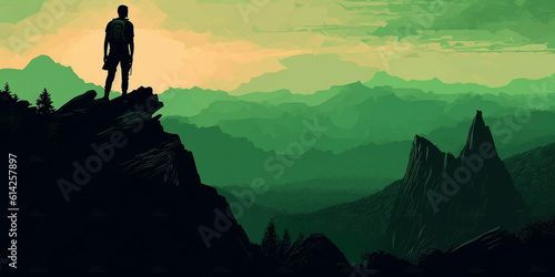 Majestic Summit: Hiker's Silhouette Overlooking Dark Green Landscape