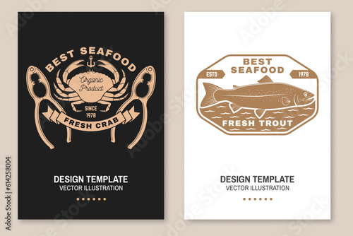 Set of fresh seafood retro poster, banner with fresh trout, crab and crab Cracker. Vector illustration. For seafood emblem, sign, patch, shirt, menu restaurants, fish markets, stores with trout, crab