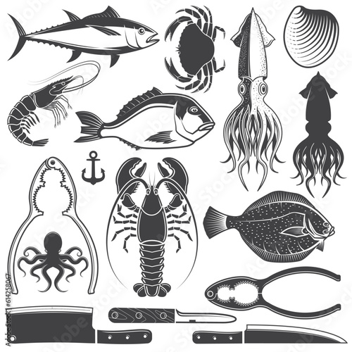 Set of Seafood silhouettes flat icons silhouettes. Marine animal shapes. Underwater world. Set include kitchen knife, shell, mollusk, mussels, octopus, squid, crab, tuna, lobster , shrimp, dorado