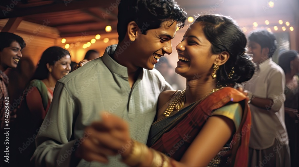 Happy young indian couple dancing together on a party against their friends
