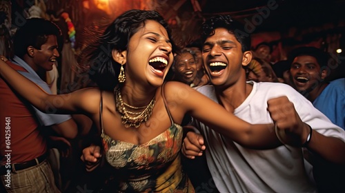Happy young indian couple dancing against their friends