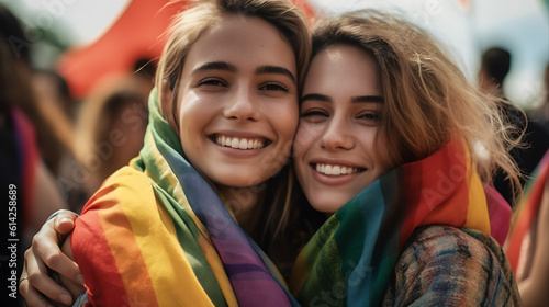 Happy young lesbian couple on the LGBT parade.Created with Generative AI technology.