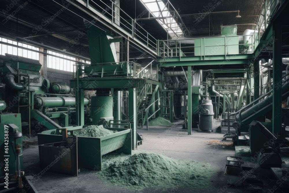 Environmental Safety. Industry Plant for sorting and processing plastic and paper waste. Conveyor assembly line with garbage bottles and packaging. Generation AI