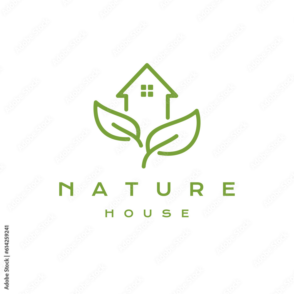 Line art Green Nature House with Leaf Logo Design Vector Line art Green Nature House with Leaf Logo Design Vector