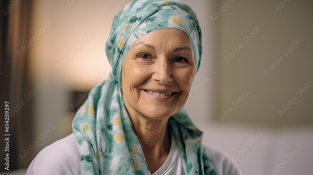 Elderly woman with cancer smiling and sitting in the hospital room.Created with Generative AI technology. Elderly woman with cancer smiling and sitting in the hospital room.Created with Generative AI technology.