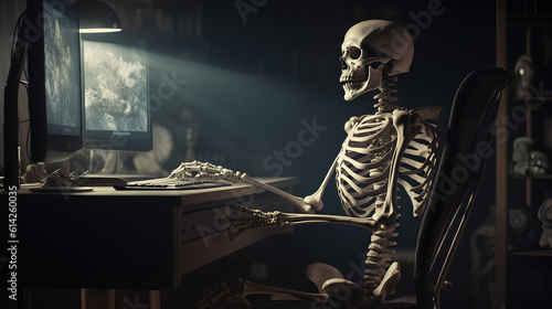 A human skeleton sitting on a chair and staring at a computer screen in a dark room. Work beyond the norm. Generative AI.