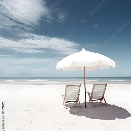 Two Chairs on Beach Under White Umbrella.Generative AI	