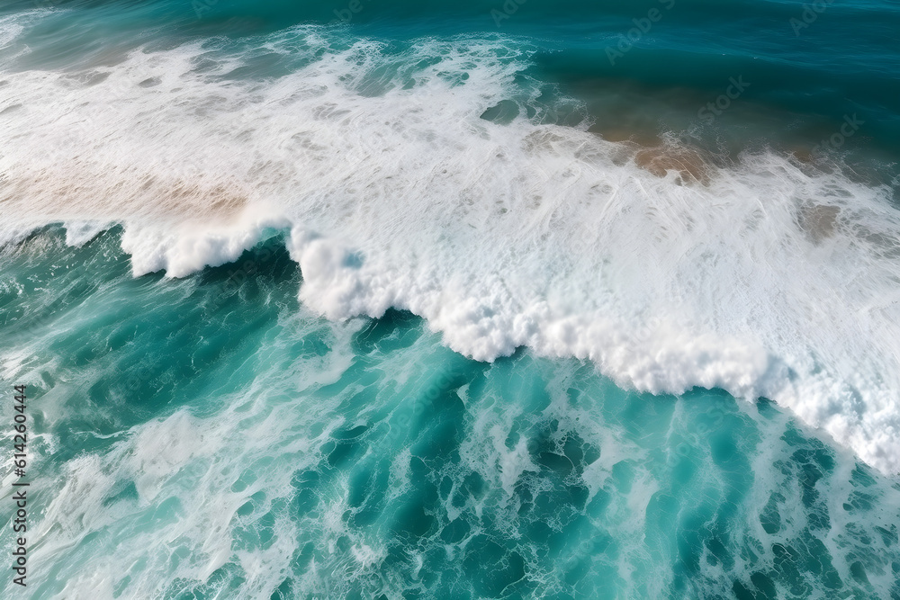 Ocean waves on the beach as a background. Beautiful natural summer vacation holidays background. Aerial top down view of beach and sea with blue water waves. Generative AI
