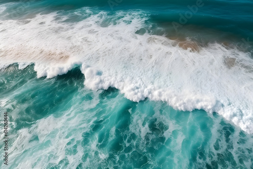 Ocean waves on the beach as a background. Beautiful natural summer vacation holidays background. Aerial top down view of beach and sea with blue water waves. Generative AI