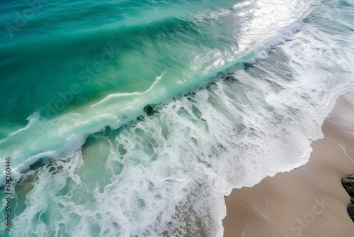 Ocean waves on the beach as a background. Beautiful natural summer vacation holidays background. Aerial top down view of beach and sea with blue water waves. Generative AI