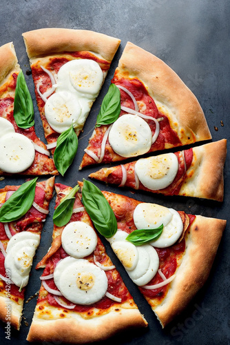 Sliced pizza with salami pepperoni sausage, mozzarella cheese, basil and tomato sauce on dark gray background - traditional Italian food close-up with top view. Generative AI.