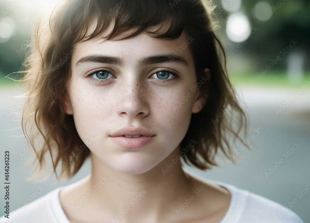 Portrait of a beautiful young cute freckled girl with short messy hair with blue eyes wearing a white t-shirt outdoors. Generative AI. Portrait of a beautiful young cute freckled girl with short messy hair with blue eyes wearing a white t-shirt outdoors. Generative AI.