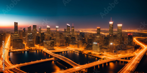 Evening panorama of a big city with skyscrapers from the height of a helicopter or drone with blurred car headlights on a long exposure. Copy space for advertising text. Generative AI.