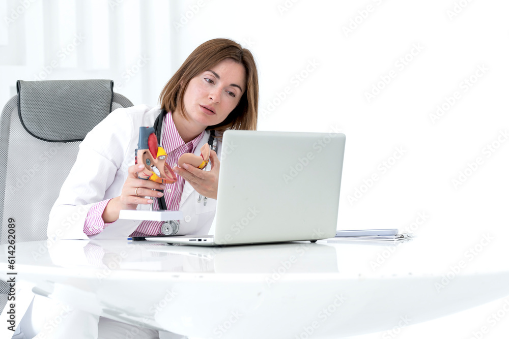 Portrait of young female doctor cardiologist working in office of modern clinic Portrait of young female doctor cardiologist working in office of modern clinic