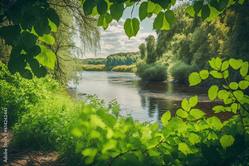 Among the leaves is a summer woodland river. Summertime river scenery. Generative AI