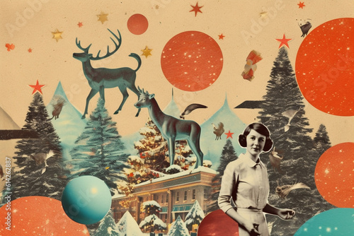 Generative ai. Christmas flat retro collage