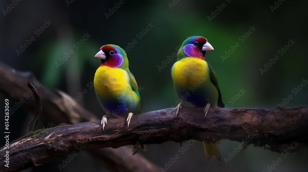 Fototapeta premium Gouldian finch (Erythrura gouldiae), also known as the Lady Gouldian finch, Gould's finch or the rainbow finch, is a colourful passerine bird endemic to Australia. Generative AI