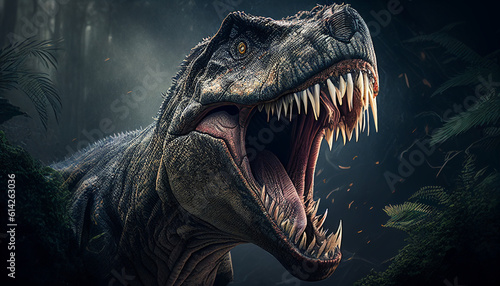 Illustration of a tyrannosaurus rex opening its mouth in the dark © drizzlingstarsstudio
