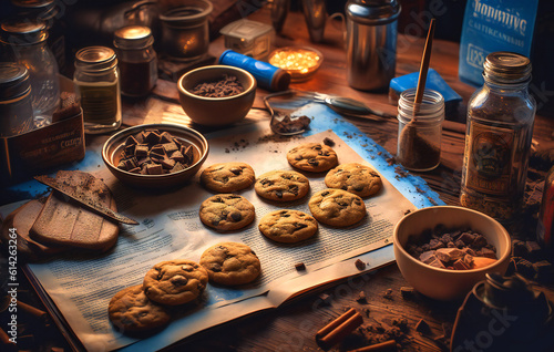 chocolate chip cookies with ingredients on the table