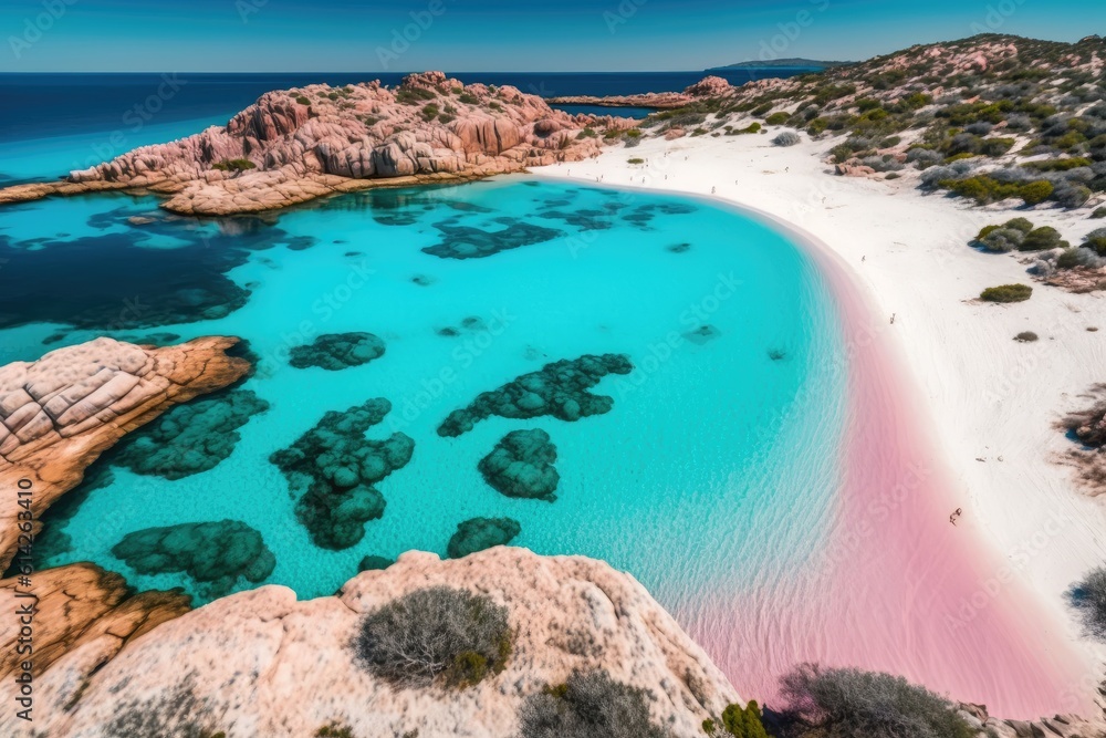Budelli Island, Maddalena Archipelago, Sardinia, Italy, has an amazing pink sand beach. Generative AI