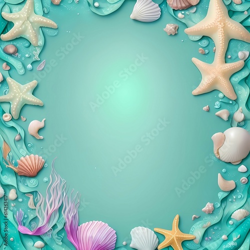 Artistic Frame Composition: Seashells, Starfish, and Coral on a Neutral Blue Background, AI generated
