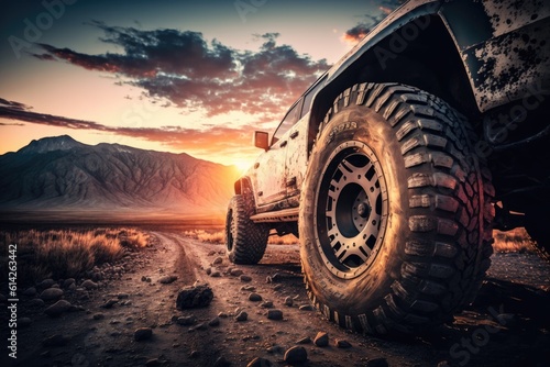 A huge 4x4 car travels against a sunset and mountains. A close-up of an off-road tire. Generative AI