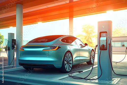 Futuristic electric car is connected to the charging station Generative AI