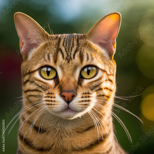 Ravishing hyper realistic portrait of happy ocicat cat in natural outdoor lush with flower in background as concept of modern domestic pet by Generative AI. photo