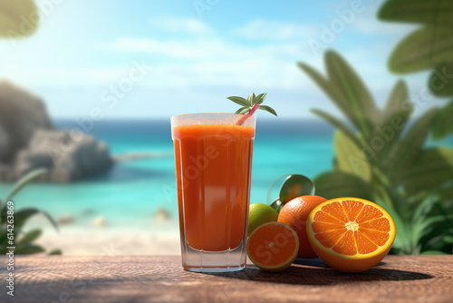 Orange juice and orange slices on wooden table in blurred beach background Generative AI