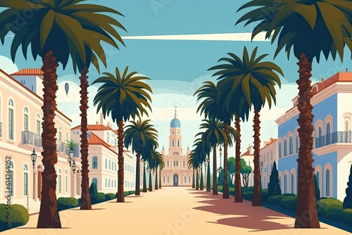 vibrant city street lined with palm trees and towering buildings. Generative AI