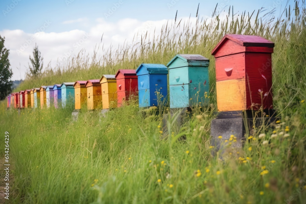 Colorful bee hives lined up in a meadow - generative AI Colorful bee hives lined up in a meadow - generative AI