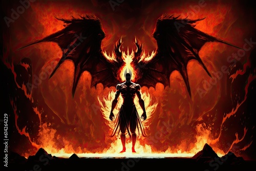 menacing demon standing before a raging inferno. Generative AI photo