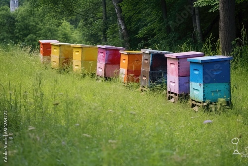 Colorful bee hives lined up in a meadow - generative AI © lebanmax
