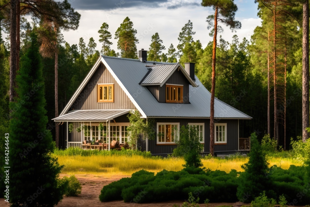 A picture of a wooden house in the midst of a forest that is green. The benefits and drawbacks of a wooden house as well as the idea of suburban real estate. Generative AI A picture of a wooden house in the midst of a forest that is green. The benefits and drawbacks of a wooden house as well as the idea of suburban real estate. Generative AI