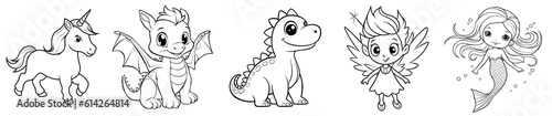 Magic fantasy creatures - cute Unicorn, Dragon, Dinosaur, Fairy and Mermaid, simple thick lines kids or children cartoon coloring book pages. Clean drawing can be vectorized. Generative AI