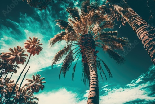 Copy the palm tree space on the sky backdrop. Color style with a vintage tone filter. Generative AI © 2rogan
