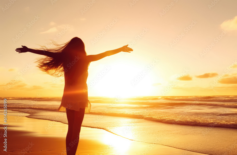 Woman greeting the sunrise on the beach with her hands extended, generative AI
