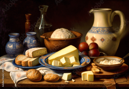 a plate with dairy products including milk, eggs and bread