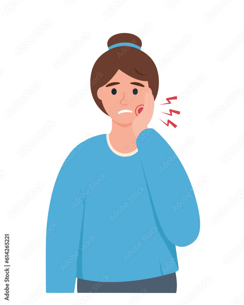 Young woman suffering from toothache and holding cheek. Healthcare, Contacting dentistry for help, dental care, problems with teeth concept. Vector illustration isolated on white background. Young woman suffering from toothache and holding cheek. Healthcare, Contacting dentistry for help, dental care, problems with teeth concept. Vector illustration isolated on white background.