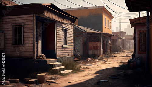 Ghetto street with rundown filthy dwellings and shacks