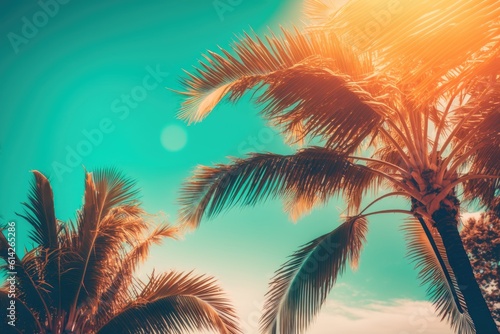Background of tropical coconut or palm palms in sunshine. For holiday vacation planning. Pastel toned impact. Generative AI © 2rogan